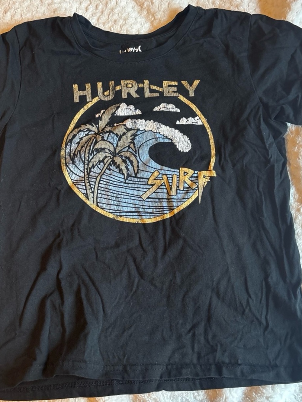 Hurley Black Surf Graphic Tee with Blue & Gold Print